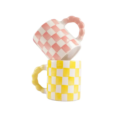 Pink Checkered Ceramic Mug 3x3.5 Inches Set of 2 - Casa Amarosa