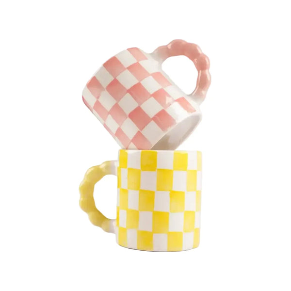 Pink Checkered Ceramic Mug 3x3.5 Inches Set of 2 - Casa Amarosa