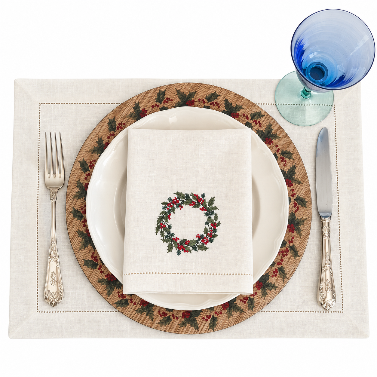 Noel - Christmas Embroidered Off White Linen Napkins (Set Of 6)