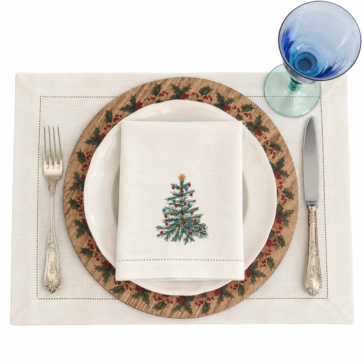 Noel - Christmas Embroidered Off White Linen Napkins (Set Of 6)