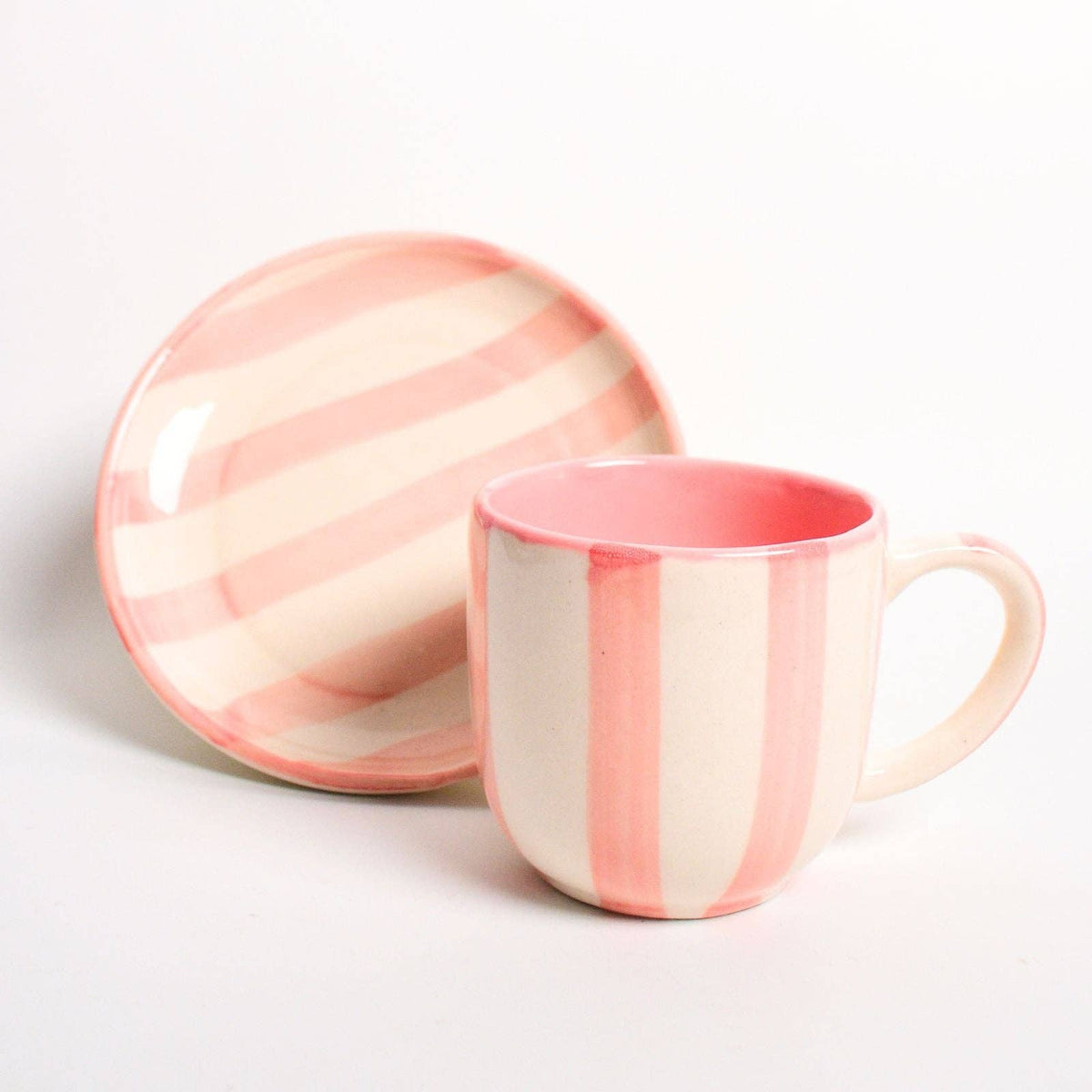 Pink Stripe Ceramic Cup & Coaster Set | 3 Inch Cup & 4 Inch