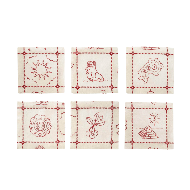 Re-Work Cocktail Napkins in Red Border Print- Set of Six