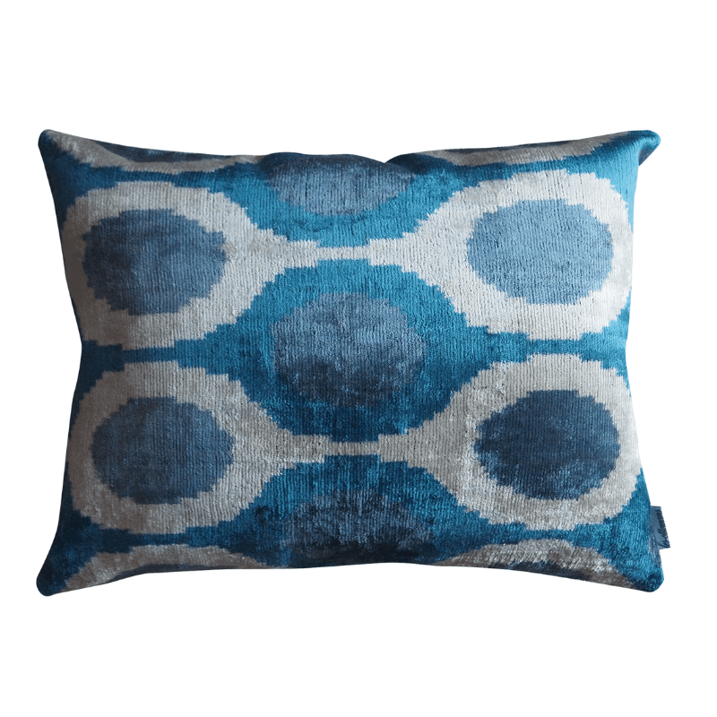 Silk Velvet Cushion - Cotton back Blue/White Shapes