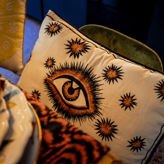 Hand Embroidered Cotton Eyes Cushion Yellow