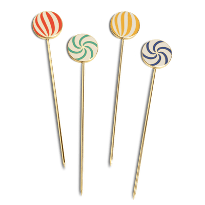 Octaevo Candy Crush Cocktail Picks (Set of 4) feature gold plating and vibrant red, yellow, green & blue swirled tops.