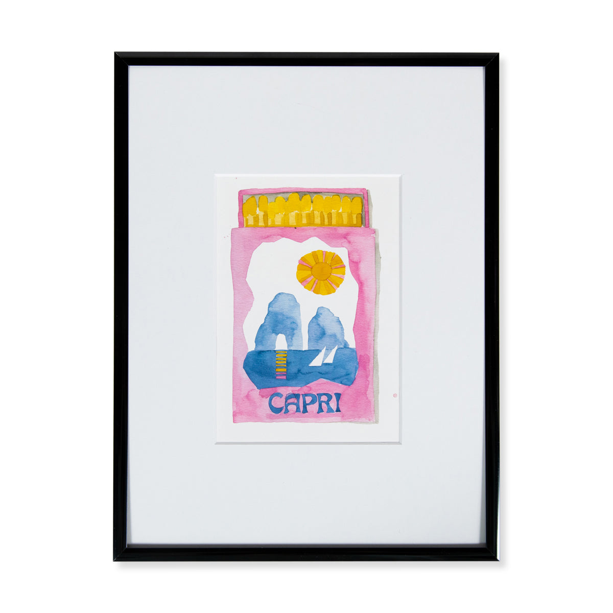 Capri Matchbook - Furbish Studio, small Capri Matchbook watercolor print featuring an illustration of a Capri Island and some sailboats with a pink background in a black 5x7 frame