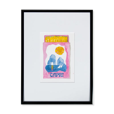 Capri Matchbook - Furbish Studio, small Capri Matchbook watercolor print featuring an illustration of a Capri Island and some sailboats with a pink background in a black 5x7 frame