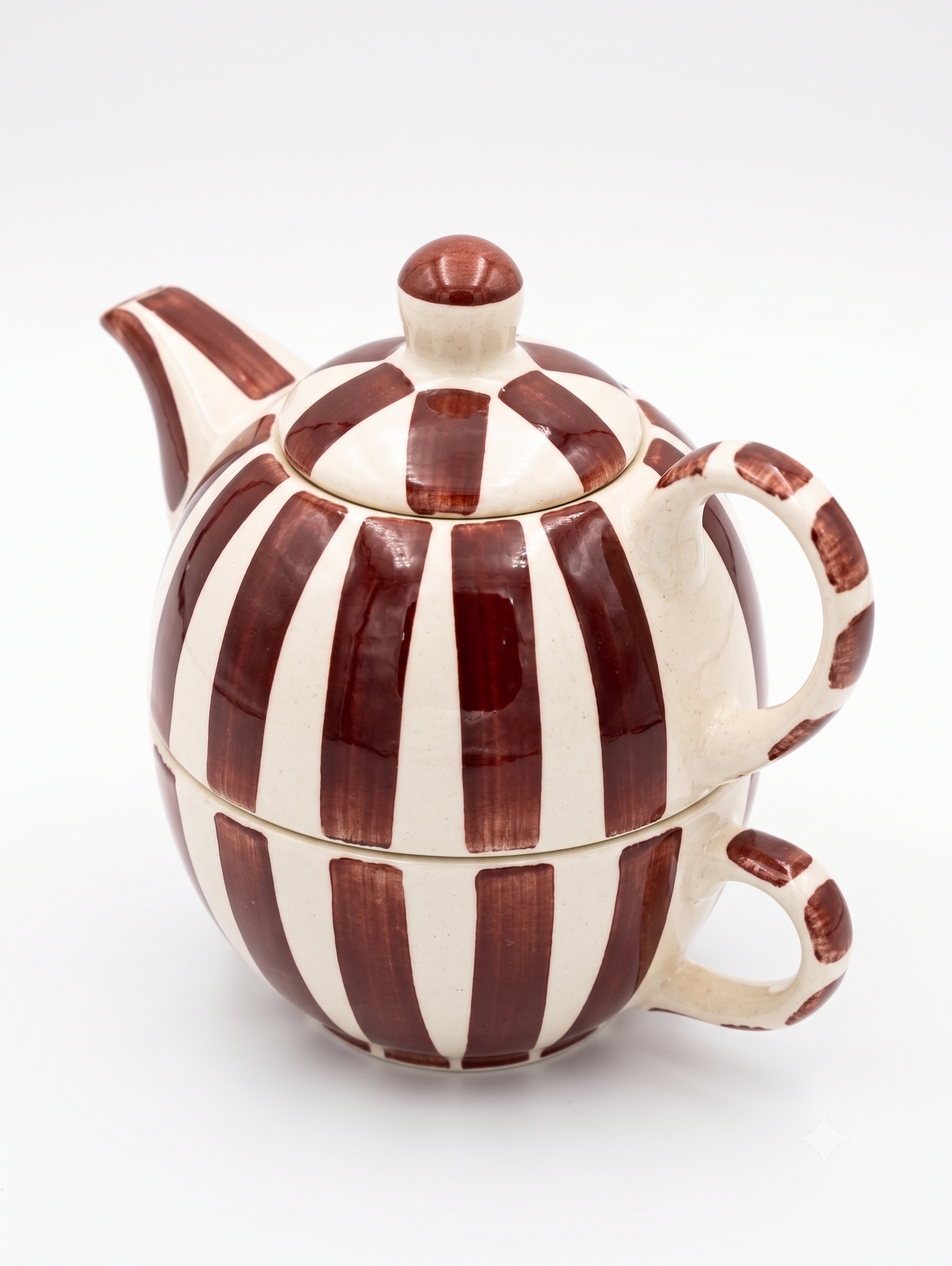 Plum Striped Kettle & Cup Set | Handpainted Ceramic | 8 in