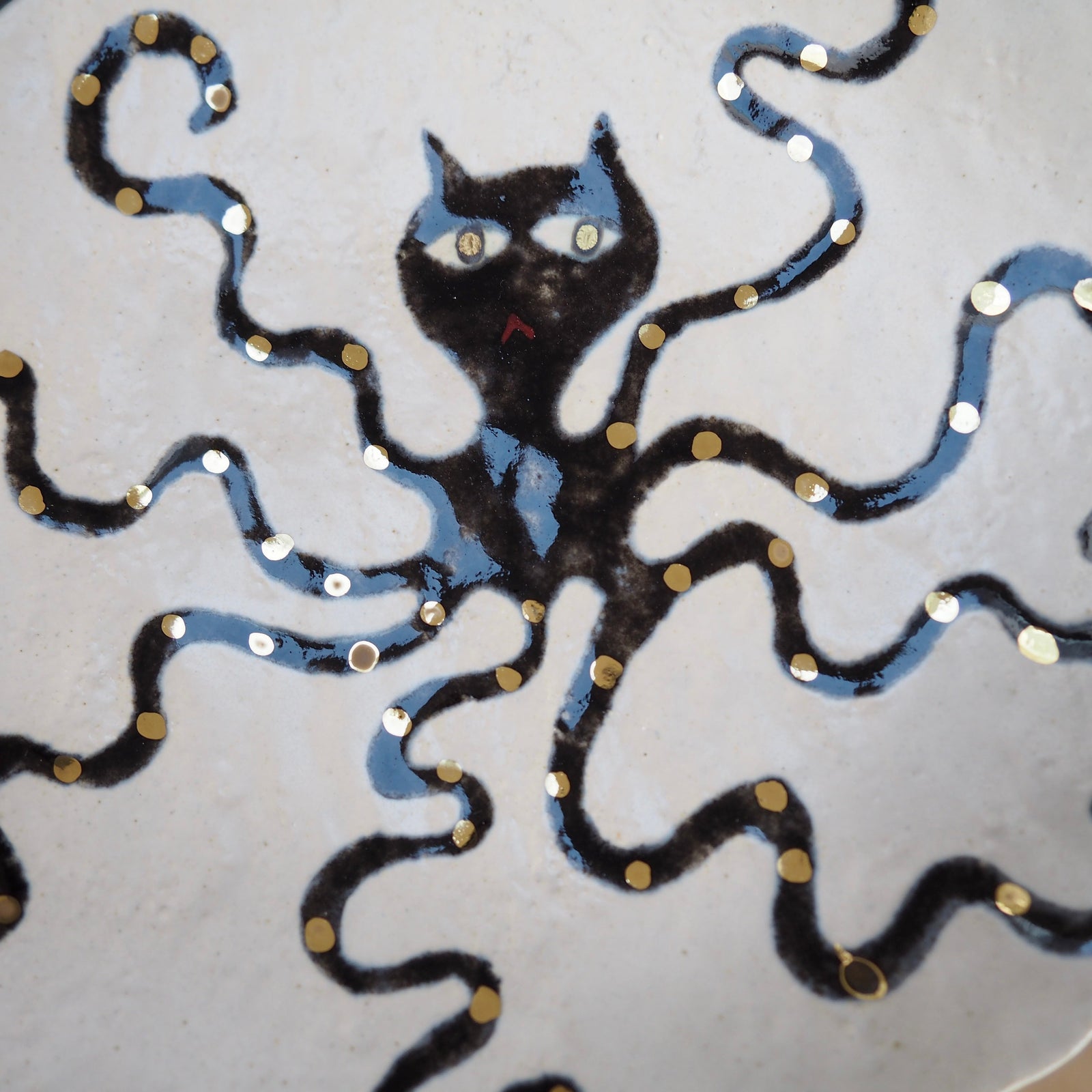Handmade Octopus Illustrated Small Ceramic Plate with Gold Lustre