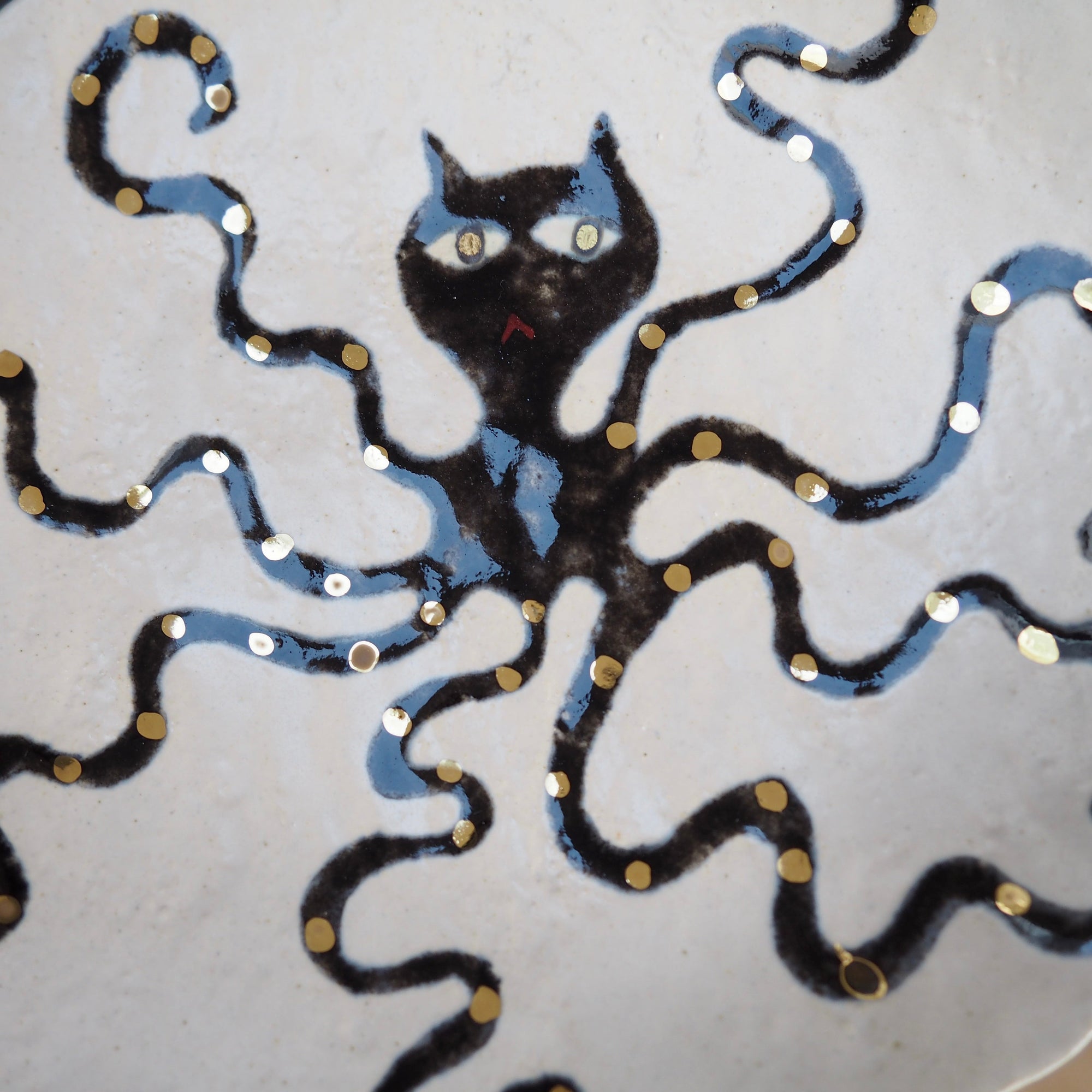 Handmade Octopus Illustrated Small Ceramic Plate with Gold Lustre