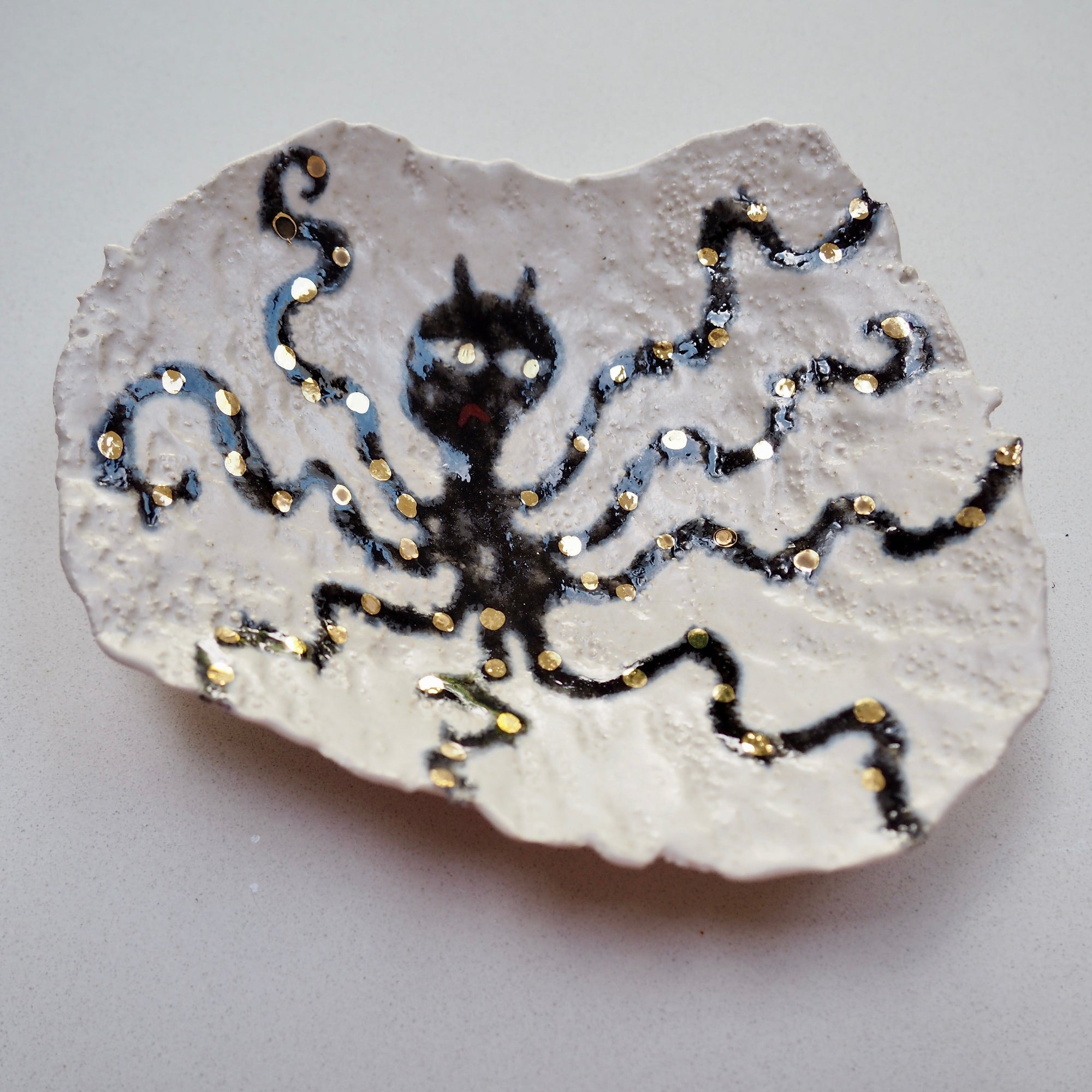 Handmade Octopus Illustrated Small Ceramic Plate with Gold Lustre