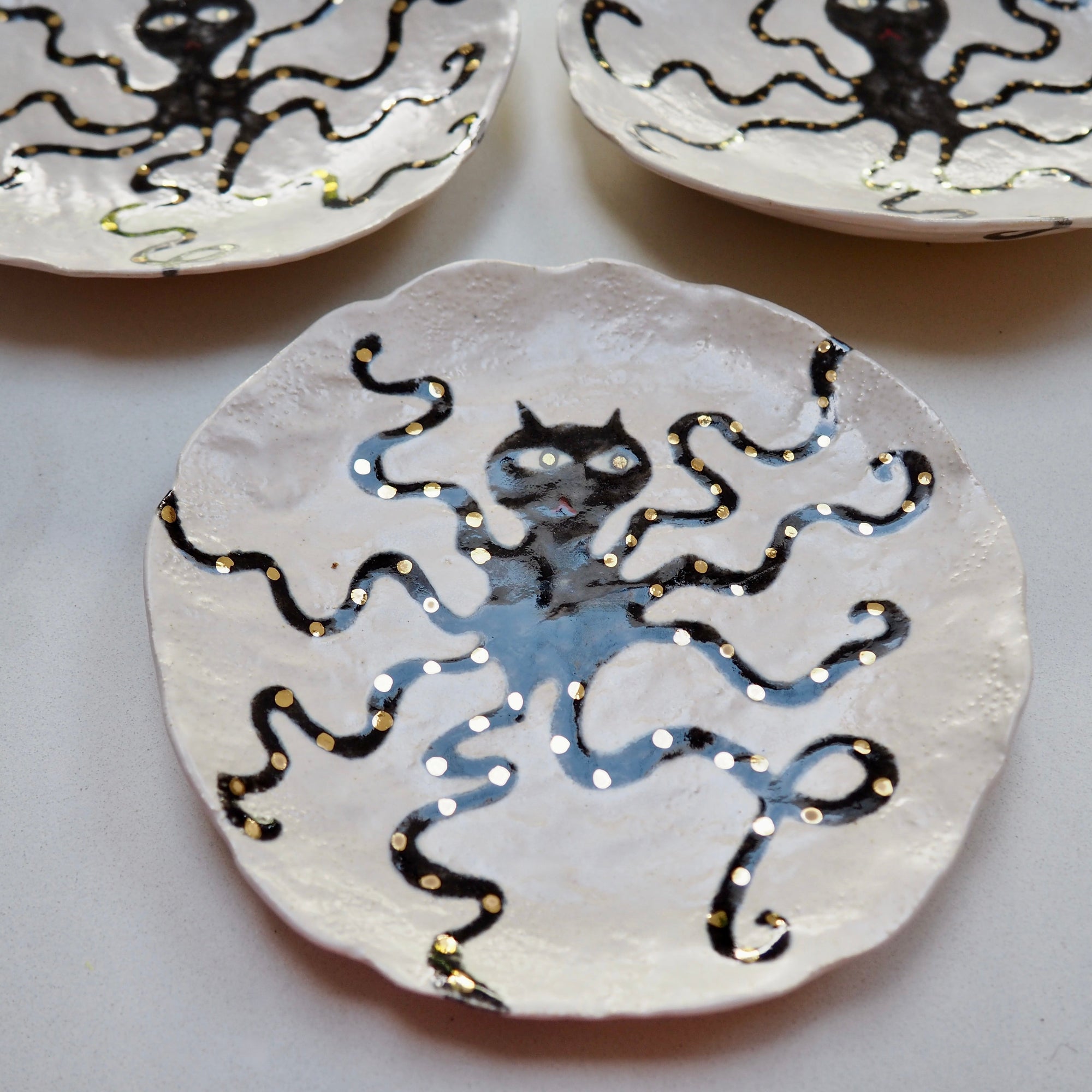 Handmade Octopus Illustrated Small Ceramic Plate with Gold Lustre