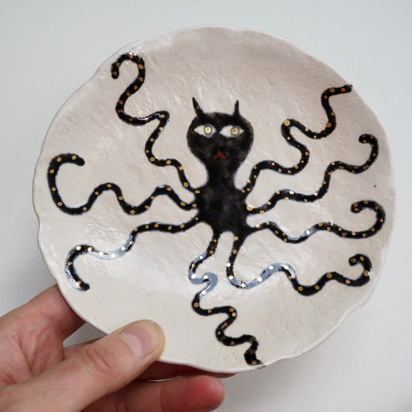 Handmade Octopus Illustrated Small Ceramic Plate with Gold Lustre