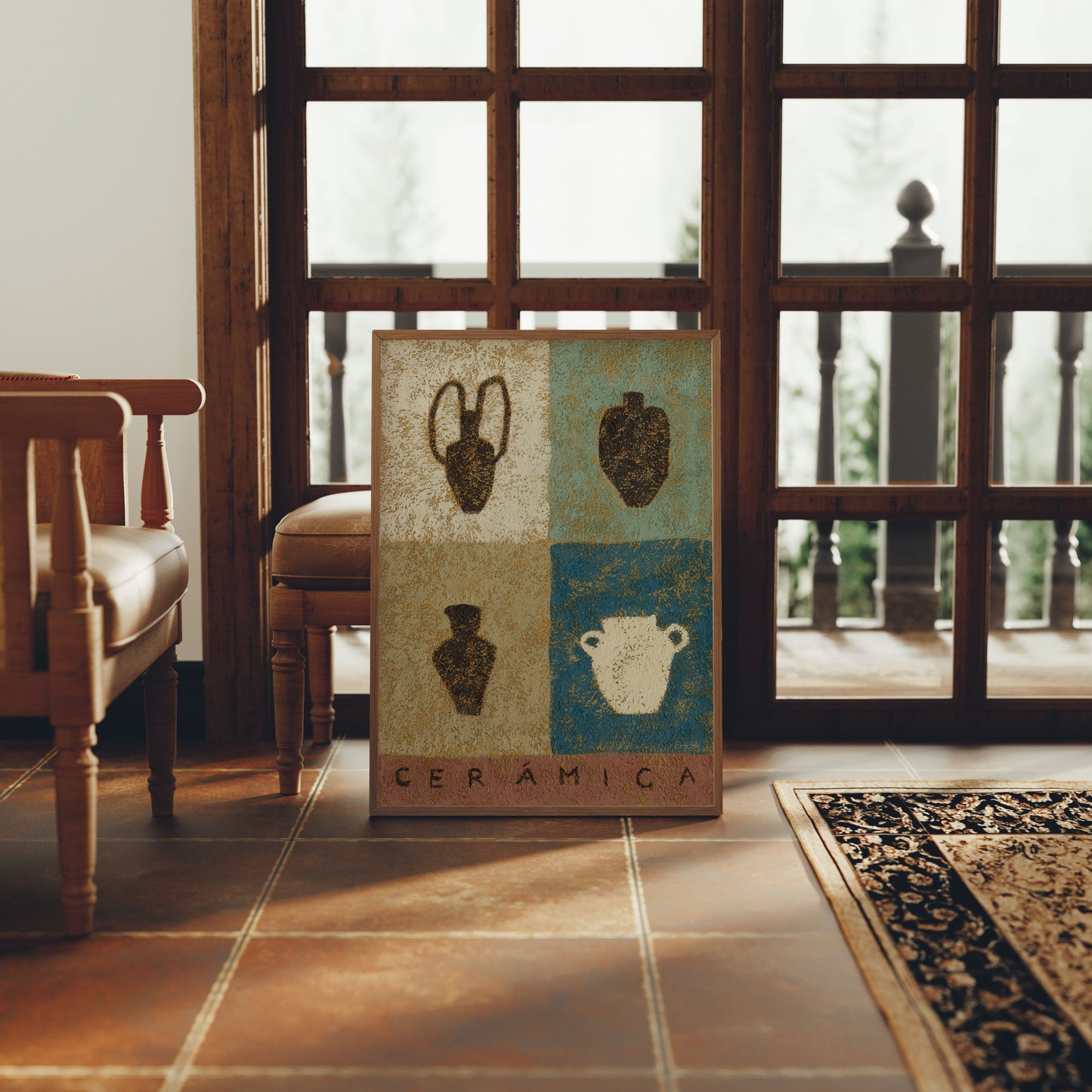 Decorative ceramic-inspired fine art print on a stone floor with a chair and large window in the background