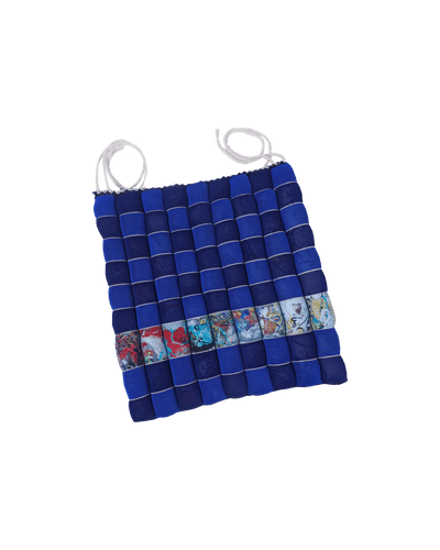 front side of blue/navy knit checkered seat cushion with upcycled materials