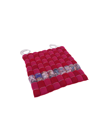 front view of red/pink knit checkered seat cushion with upcycled materials