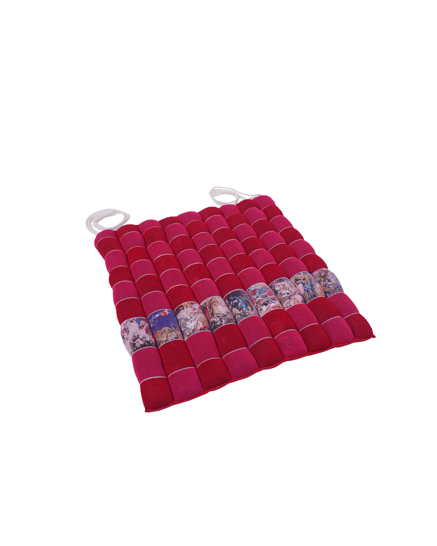 front view of red/pink knit checkered seat cushion with upcycled materials