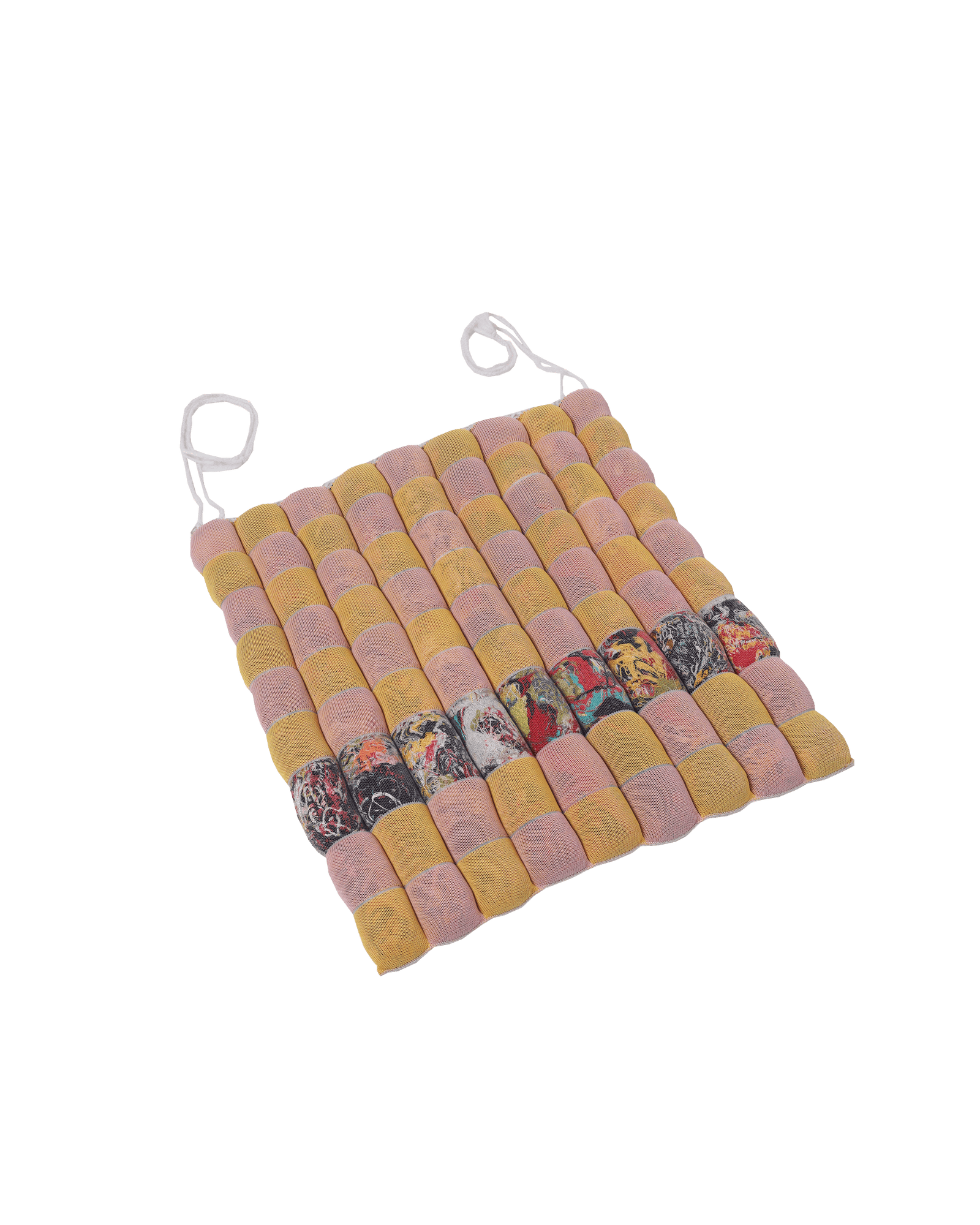 front view of yellow/pink knit checkered seat cushion with upcycled materials