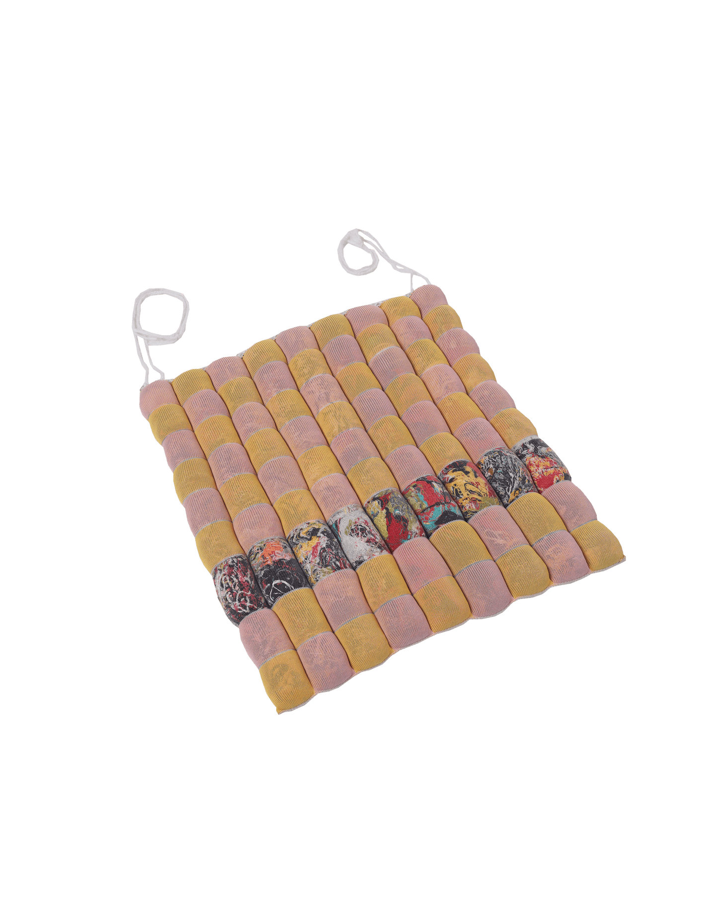 front view of yellow/pink knit checkered seat cushion with upcycled materials
