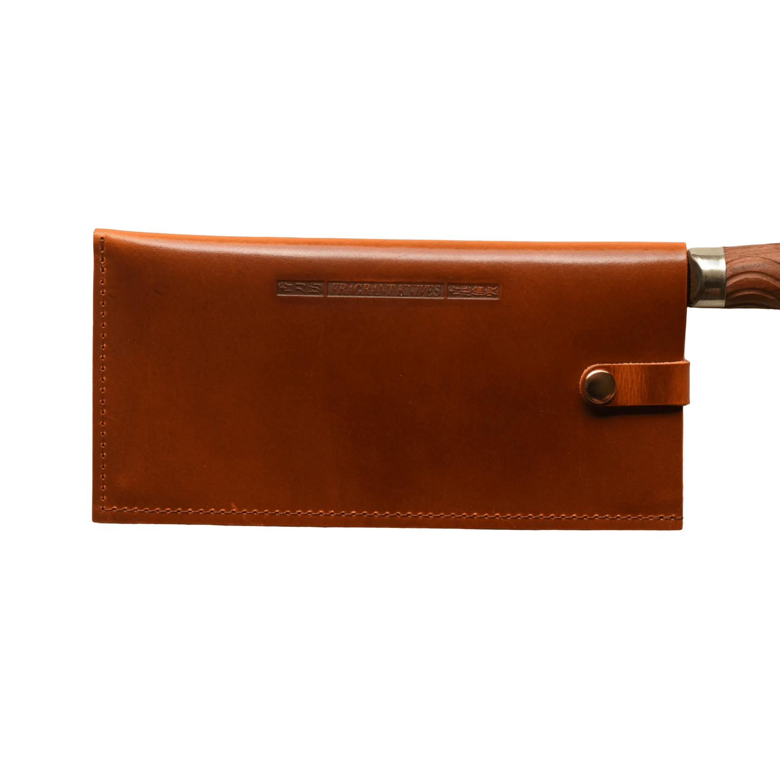 Brown leather sheath with a silver clasp on a beige background
