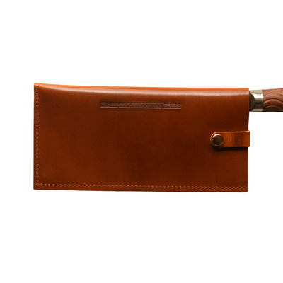 Brown leather sheath with a silver clasp on a beige background