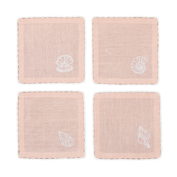 Hand Embroidered Seashell Glow Cocktail Napkins 6" x 6" (Set of 4)