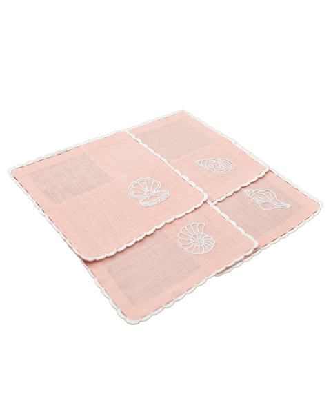 Hand Embroidered Seashell Glow Cocktail Napkins 6" x 6" (Set of 4)