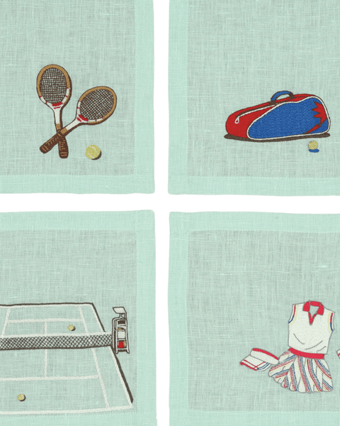 Hand Embroidered Tennis Cocktail Napkins 6" x 6" (Set of 4)