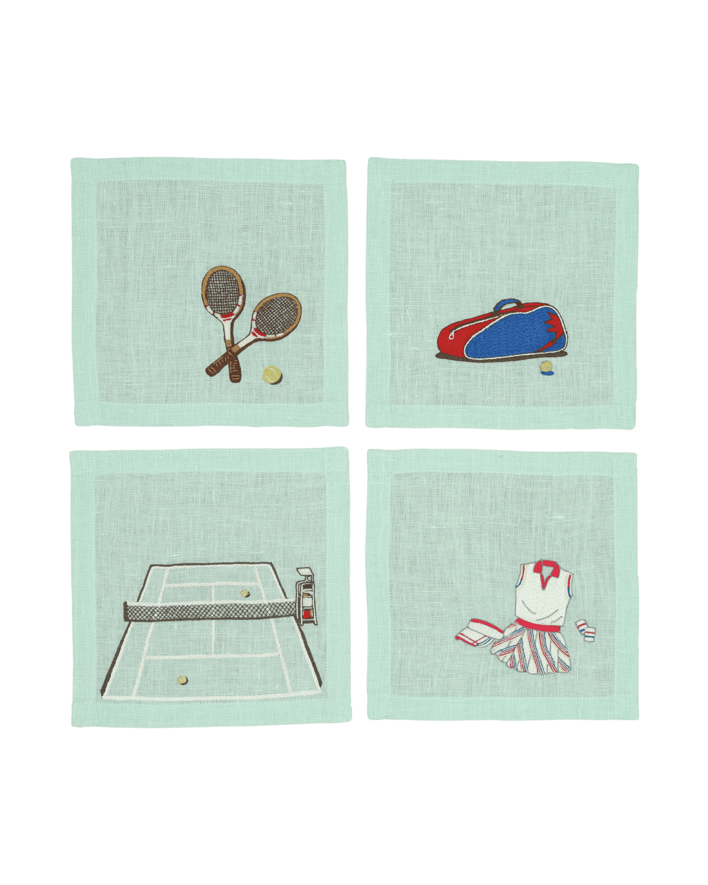 Hand Embroidered Tennis Cocktail Napkins 6" x 6" (Set of 4)