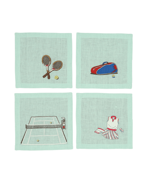 Hand Embroidered Tennis Cocktail Napkins 6" x 6" (Set of 4)