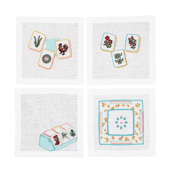 Hand Embroidered Mahjong Cocktail Napkins 6" x 6" (Set of 4)