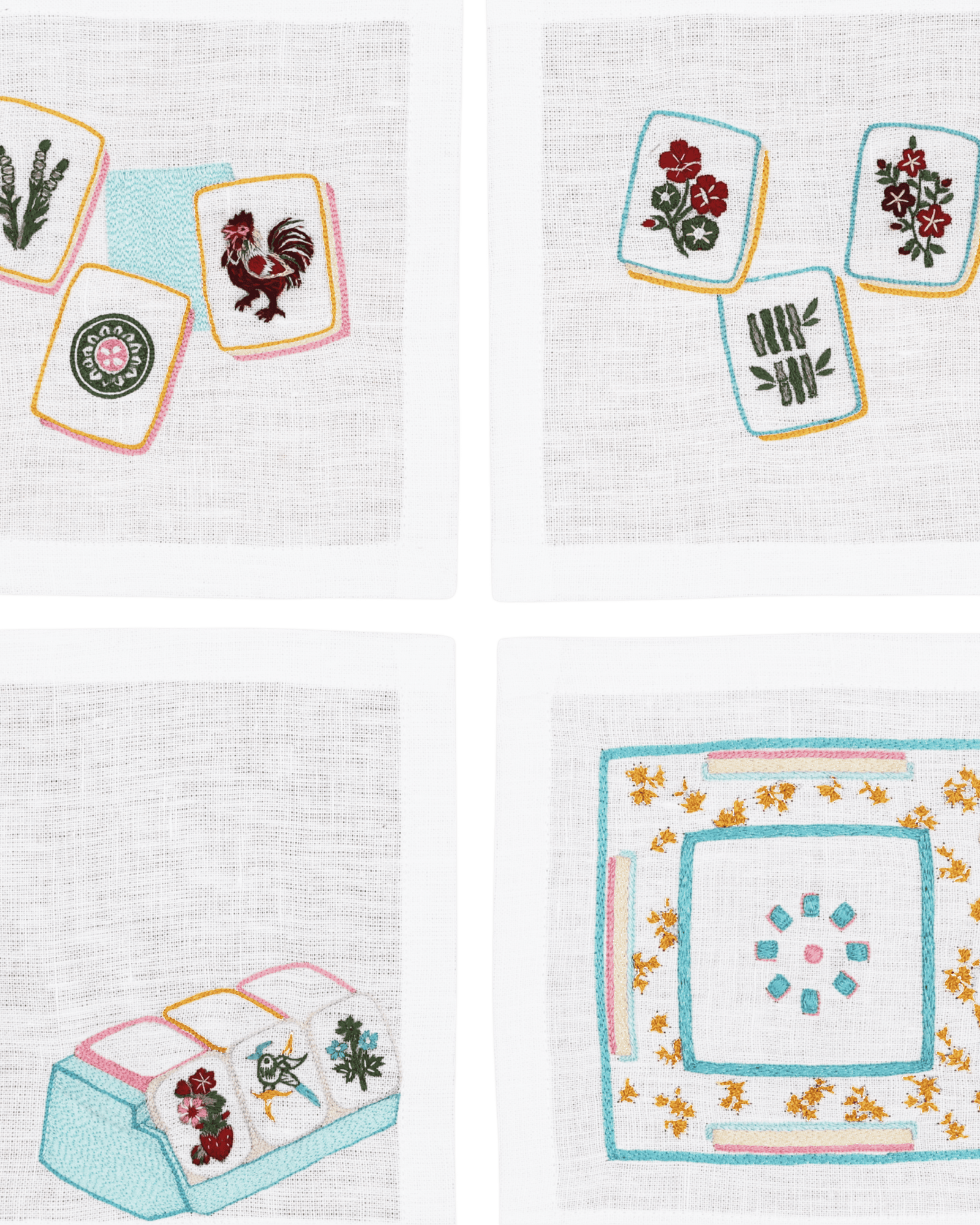 Hand Embroidered Mahjong Cocktail Napkins 6" x 6" (Set of 4)