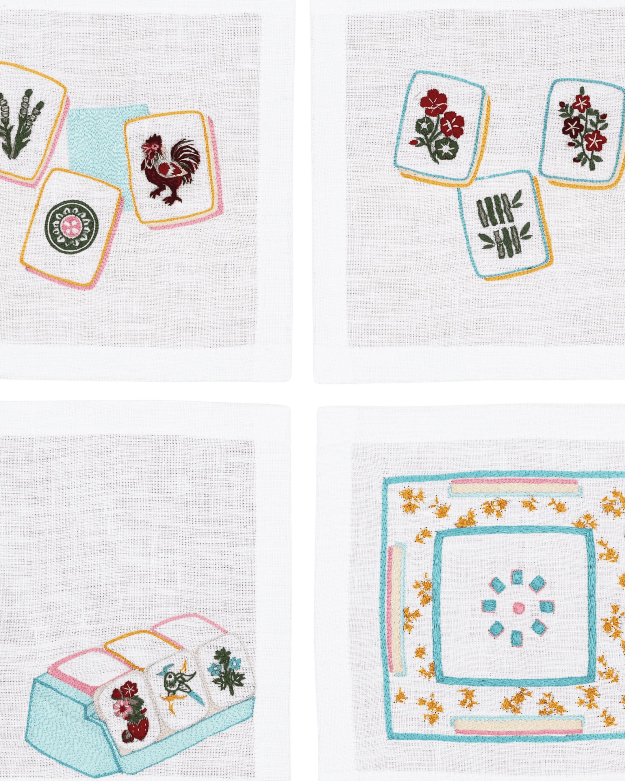 Hand Embroidered Mahjong Cocktail Napkins 6" x 6" (Set of 4)