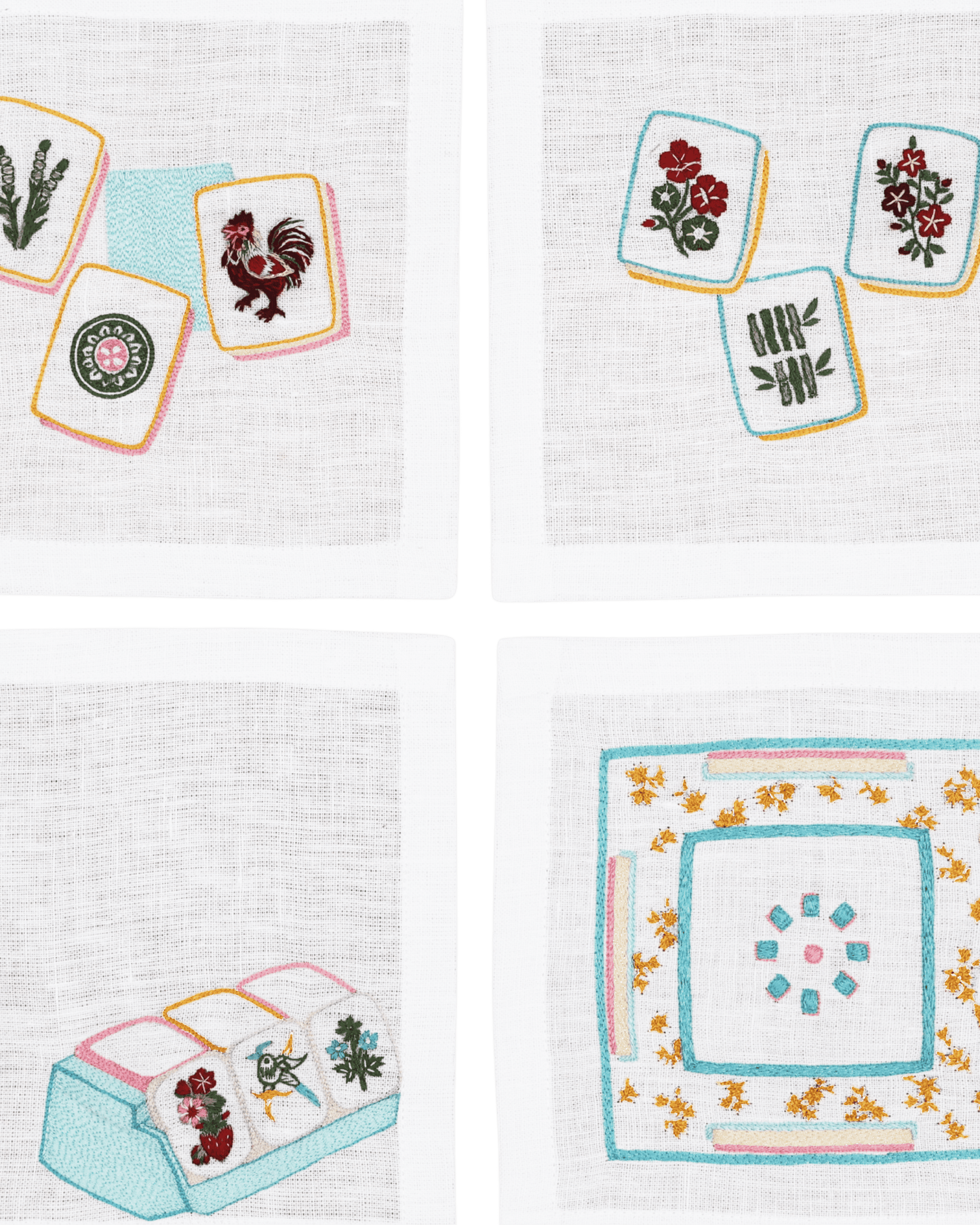 Hand Embroidered Mahjong Cocktail Napkins 6" x 6" (Set of 4)