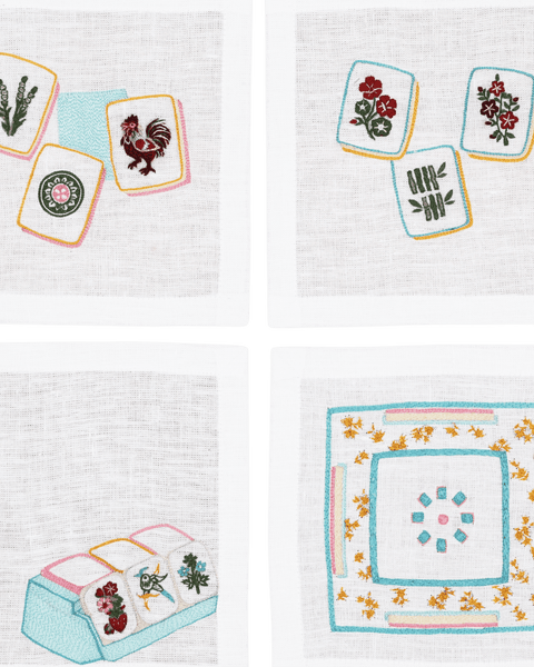 Hand Embroidered Mahjong Cocktail Napkins 6" x 6" (Set of 4)