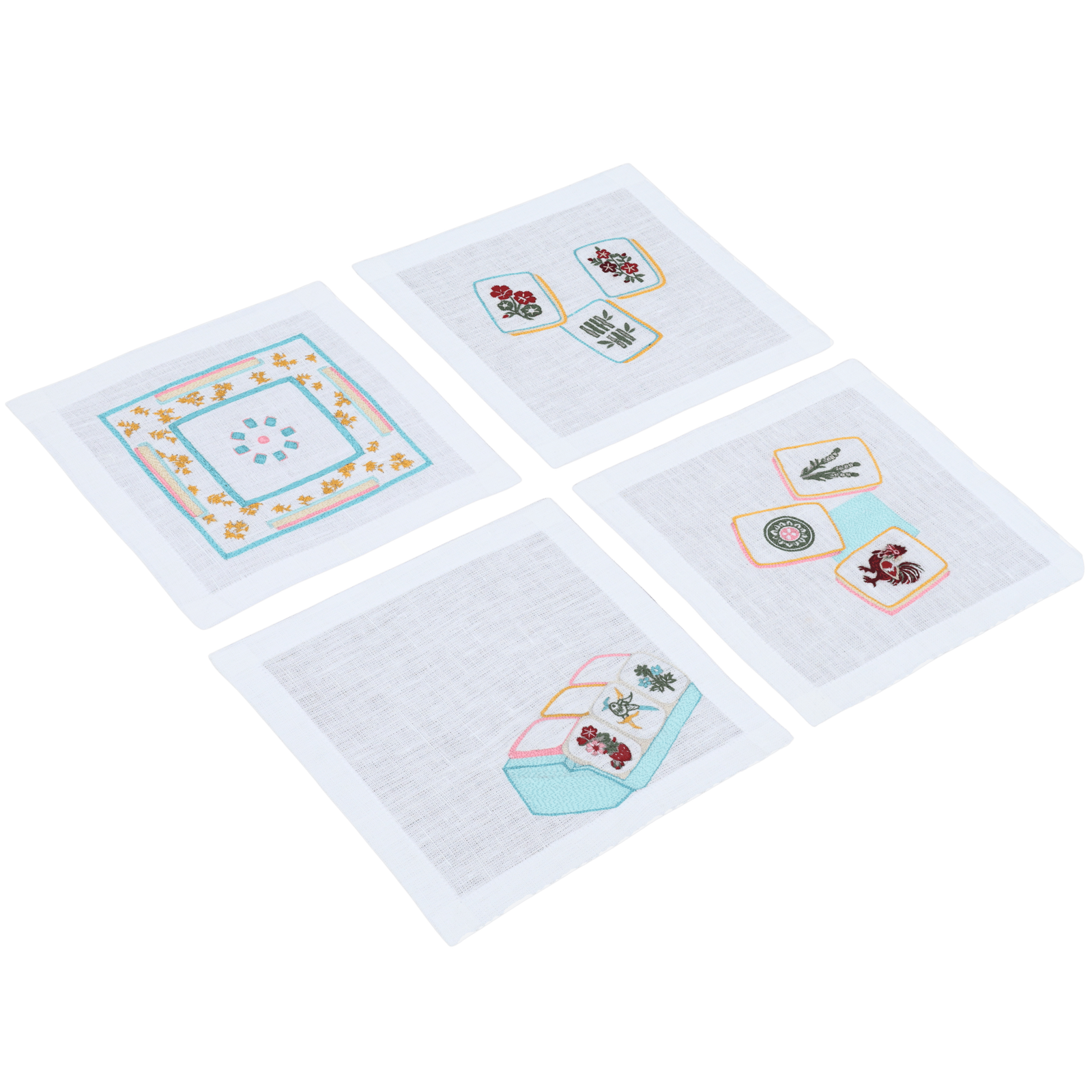 Hand Embroidered Mahjong Cocktail Napkins 6" x 6" (Set of 4)