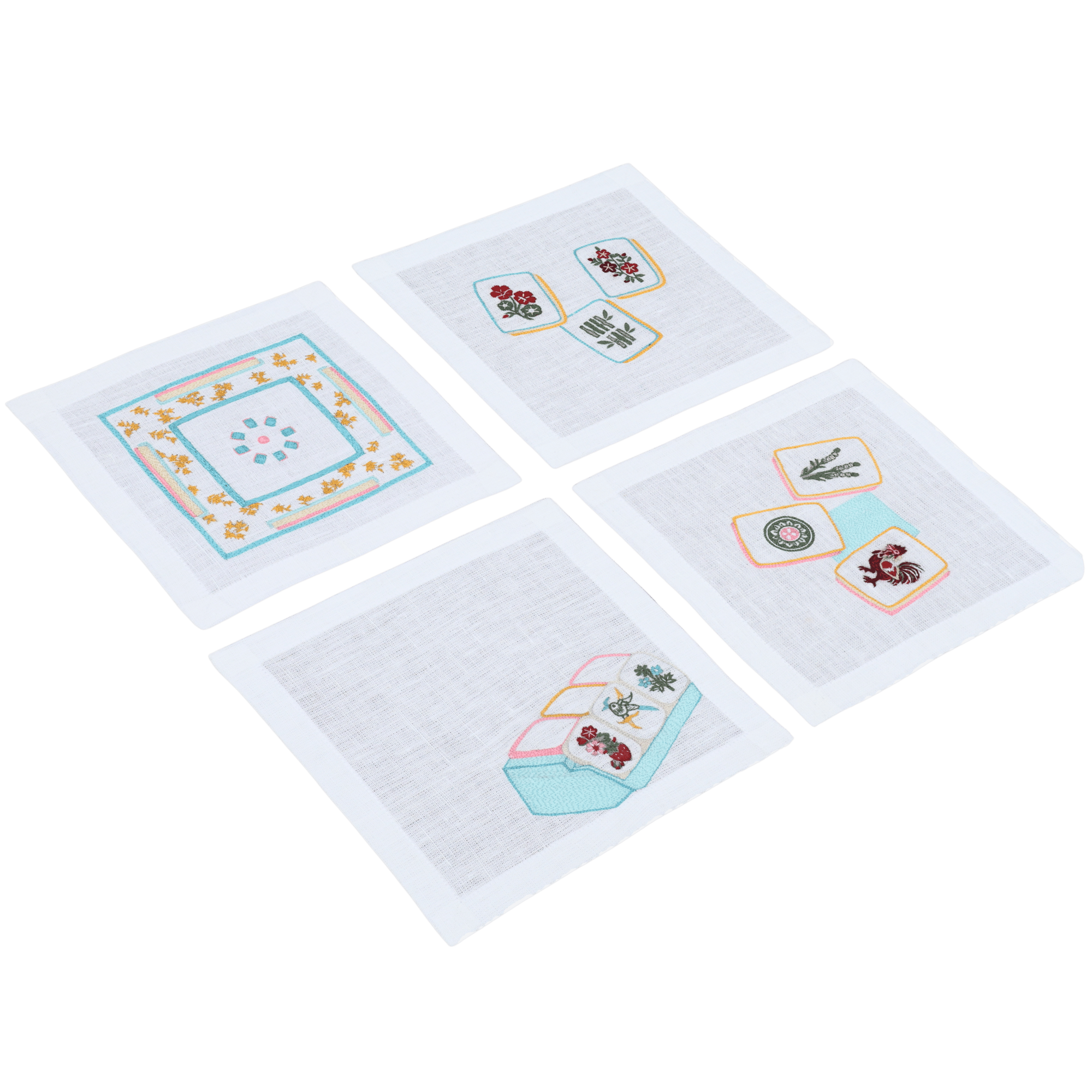 Hand Embroidered Mahjong Cocktail Napkins 6" x 6" (Set of 4)