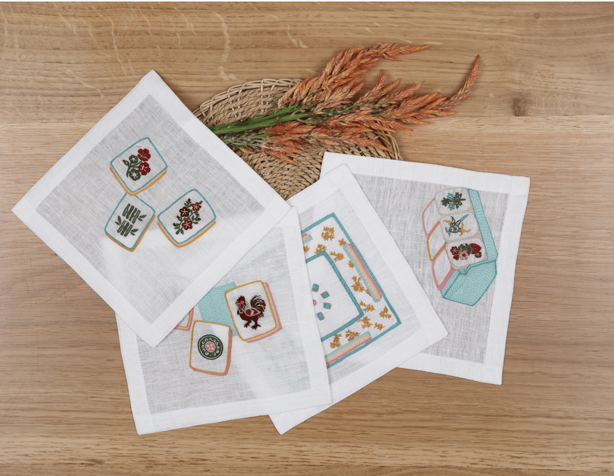 Hand Embroidered Mahjong Cocktail Napkins 6" x 6" (Set of 4)