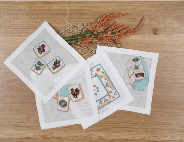 Hand Embroidered Mahjong Cocktail Napkins 6" x 6" (Set of 4)
