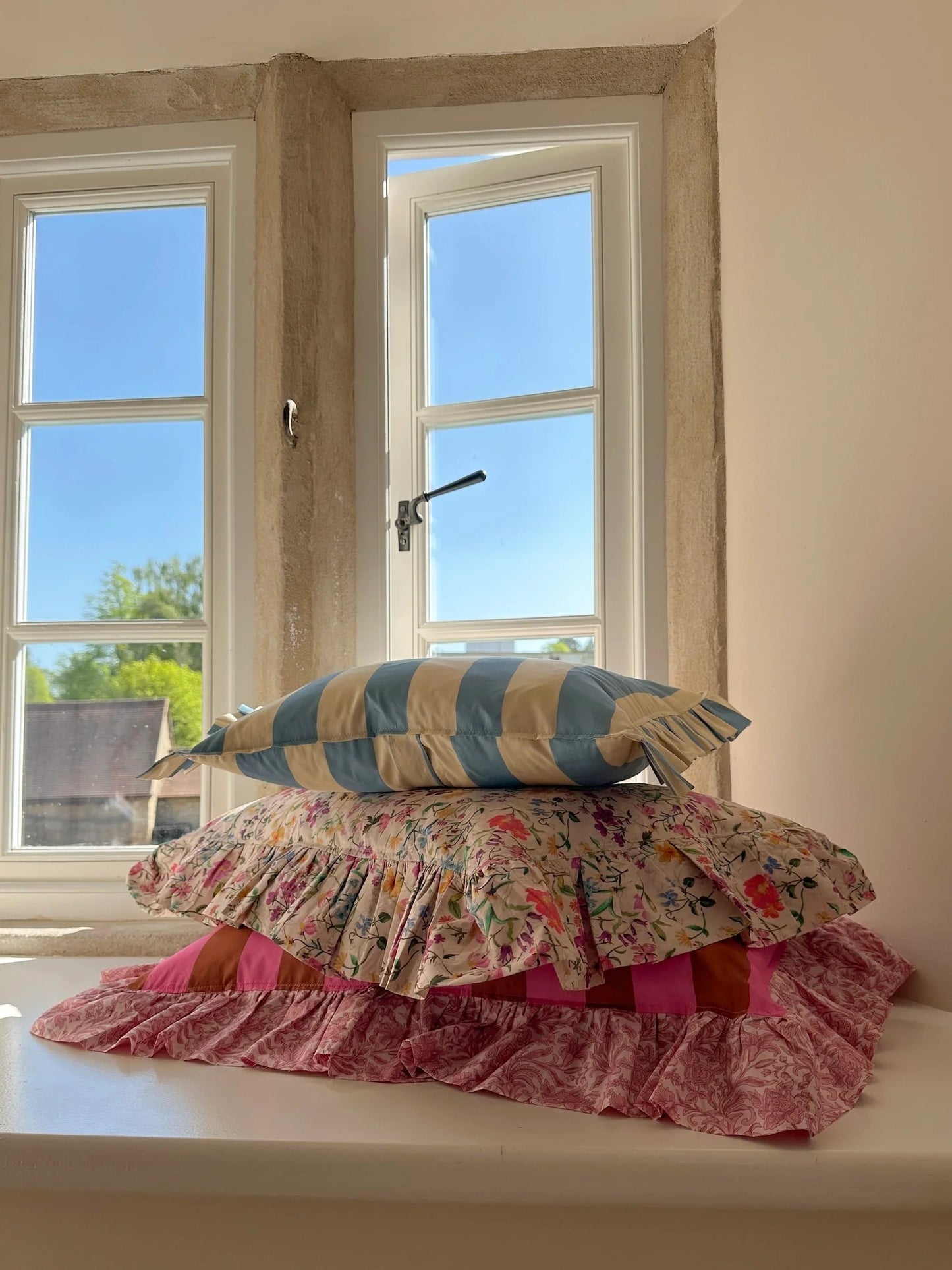 Oblong Ruffle Cushion made with Liberty Fabric VACATION STRIPE & SAMBOURNE - Coco & Wolf