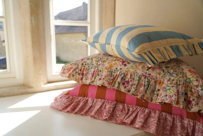 Oblong Ruffle Cushion made with Liberty Fabric VACATION STRIPE & SAMBOURNE - Coco & Wolf