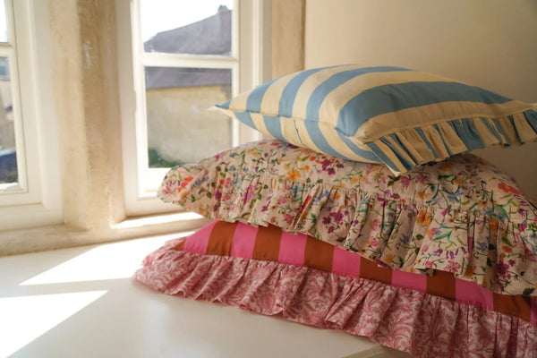 Oblong Ruffle Cushion made with Liberty Fabric VACATION STRIPE & SAMBOURNE - Coco & Wolf