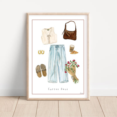 Coffee Date Fine art print- Fashion Lifestyle print- Outfit illustration with coffee and croissant