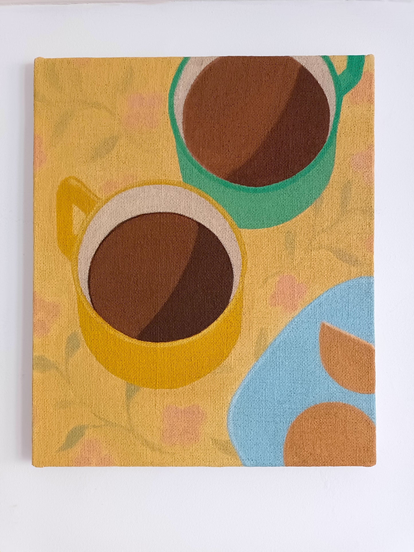 Oil painting of two cups of coffee on a yellow table cloth