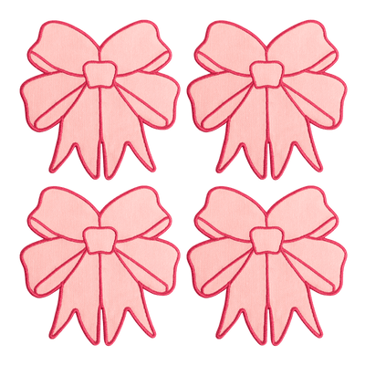 Set of 4 Coquette Coasters by Octaevo, featuring pink bows with red outlines on a transparent background.