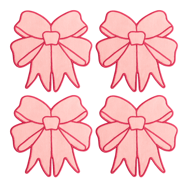 Set of 4 Coquette Coasters by Octaevo, featuring pink bows with red outlines on a transparent background.