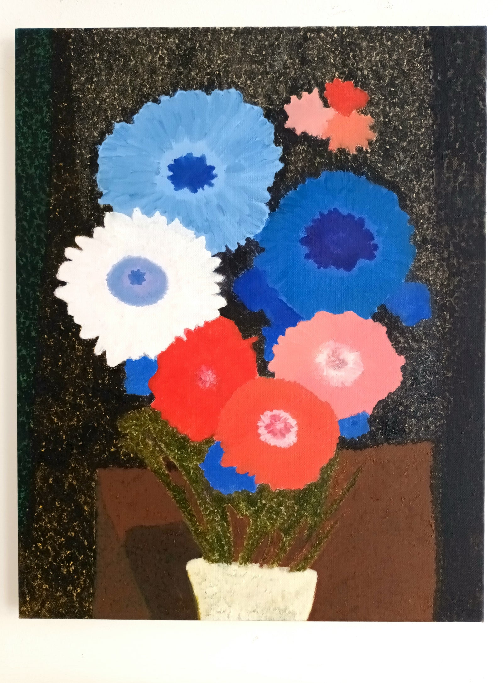 Oil painting flowers in a vase with dark textured background