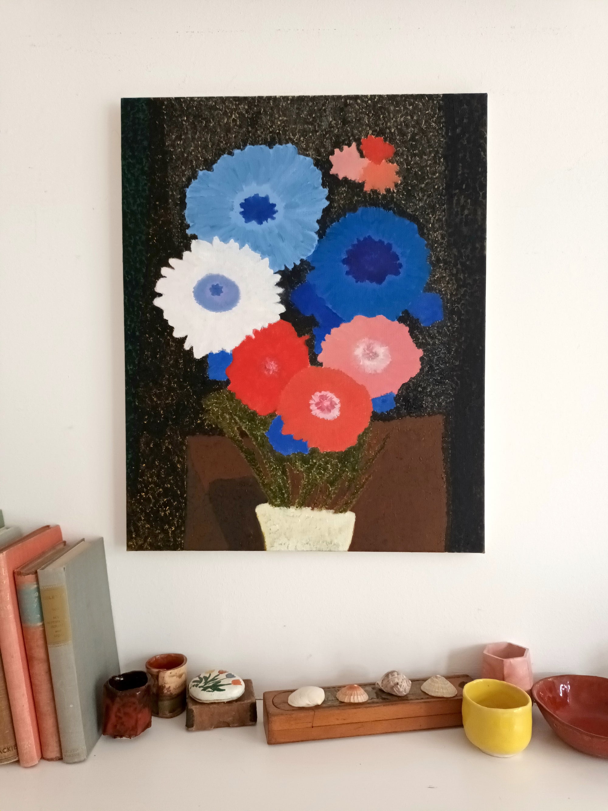 Oil painting flowers in a vase with dark textured background - on wall