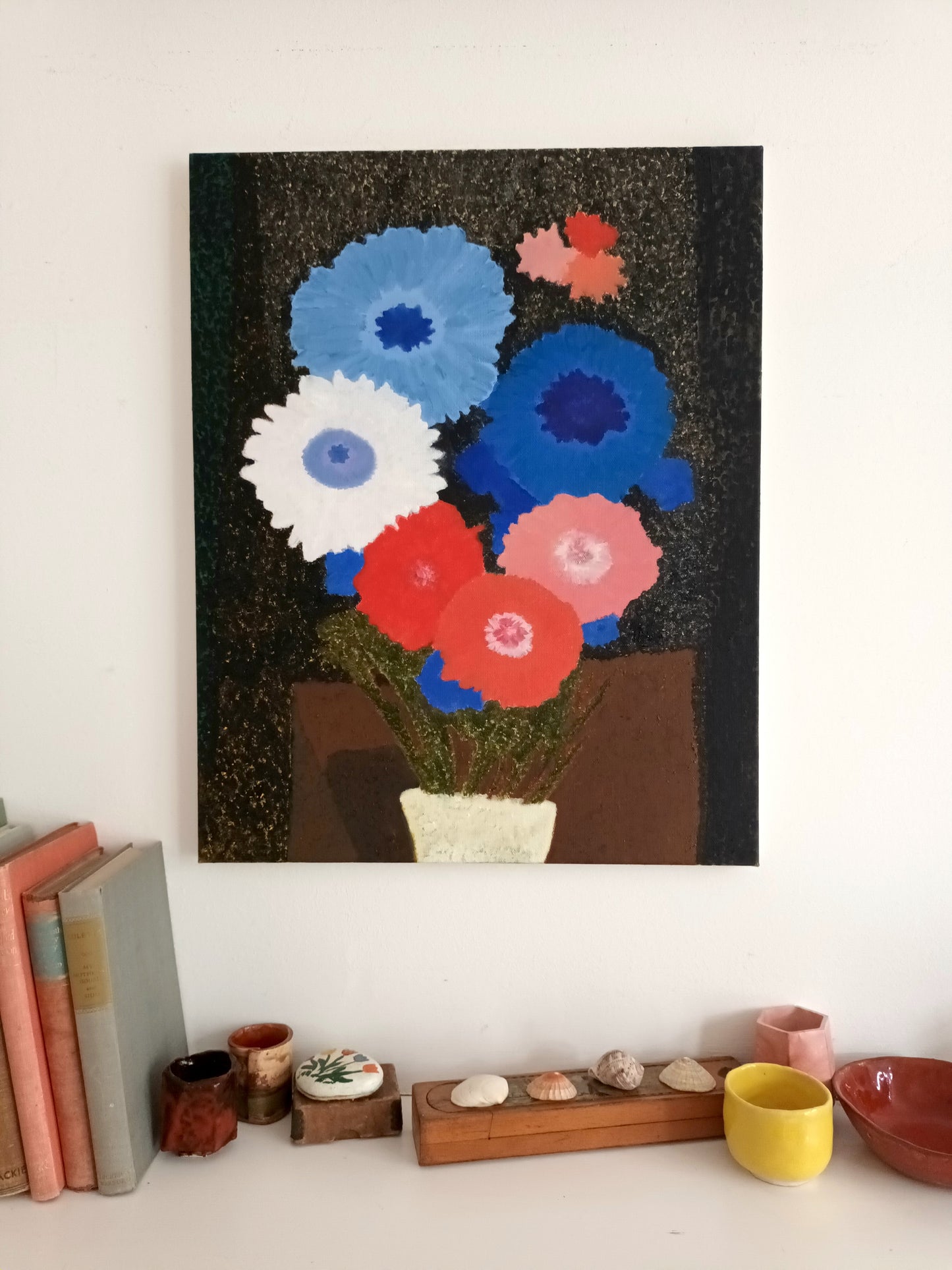 Oil painting flowers in a vase with dark textured background - on wall