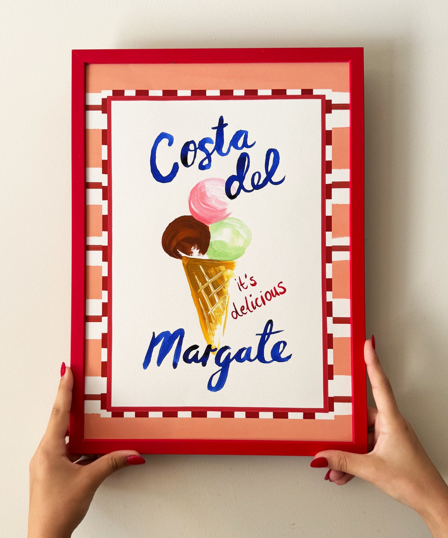 Costa del Margate print, ice cream illustration with seaside wording being held